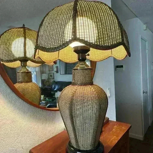 Brown Rattan Lamp with White Glass Globe from 1960’s - Picture 1 of 9